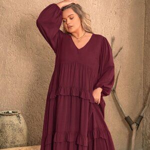 Plus Size Ruffled V-Neck Long Sleeve Dress